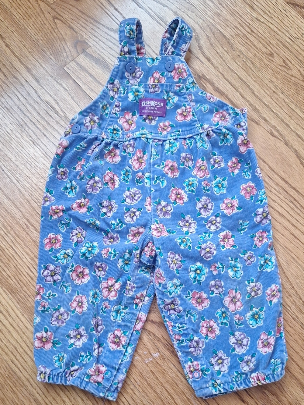 Vintage OshKosh B'gosh Blue Floral Corduroy Overalls Pink and Teal Flowers 12M